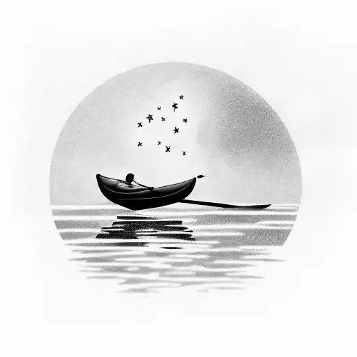 A Serene Landscape Tattoo Of A Kayak Floating On A Calm Ocean Under A Starry Sky