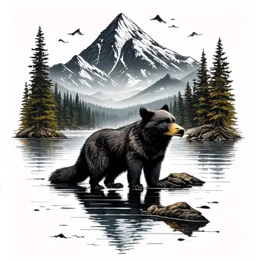 Mountain Lake Scene With A Fox A Blad Eagle S D A Black Bear