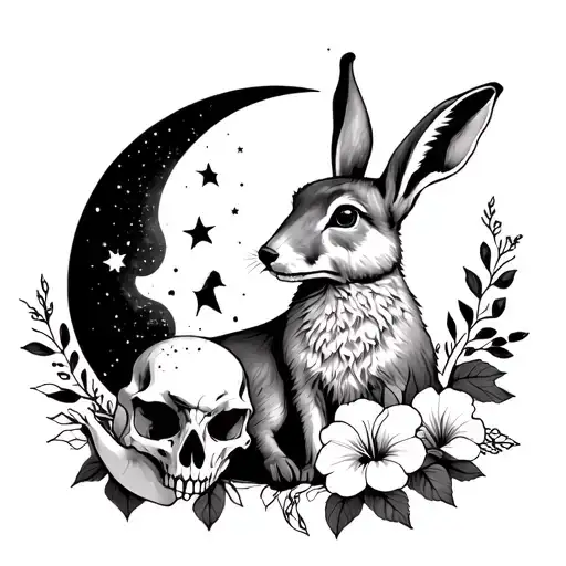 Full Body Hare With A Fox Skull Surrounded By A Cresent Moon With Hibiscus