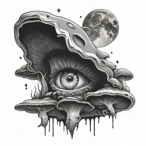 Eye On The Top Of The Ey Are Mushrooms And Under The Eye Are Clouds And Stars And Moon