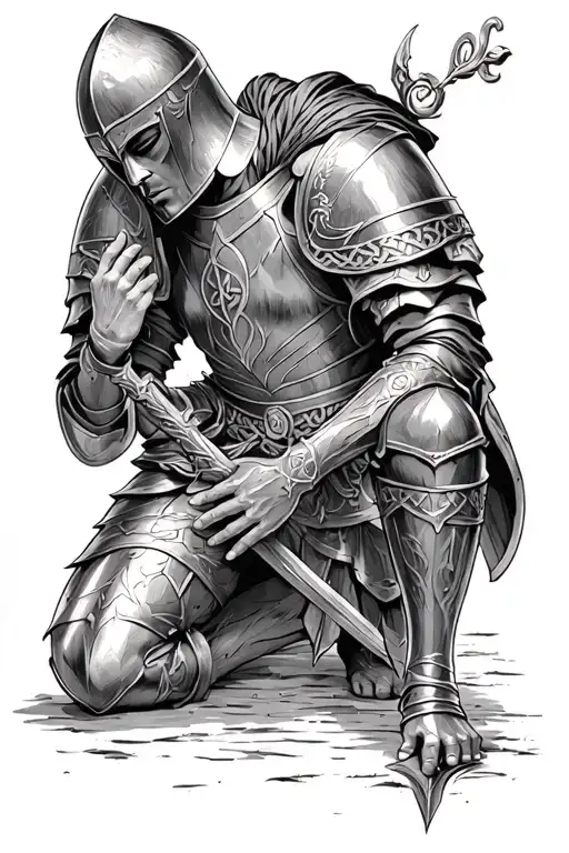 Templar Knight Celtic Armor Kneeling Praying With Hand On A Shield