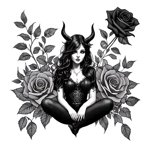 Black Rose Tattoo With Devil Girl Sitting
