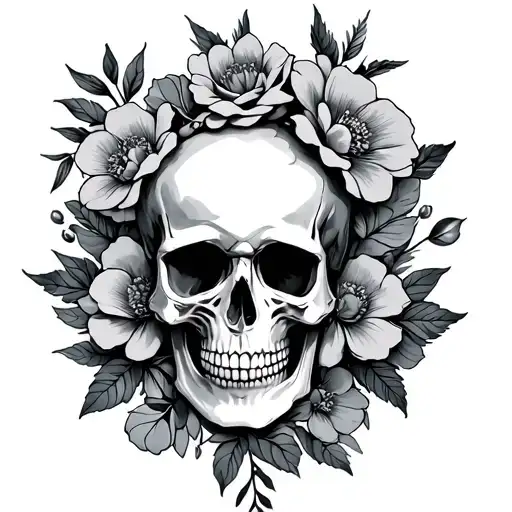 Flowers Sleeve Tattoo Featuring Skull