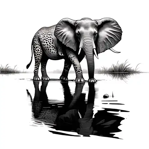 Cheeta And Elephant Drinking From The Same Pond