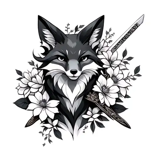 Kitsune Fox With Flowers And A Sword