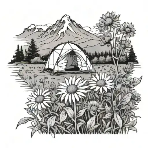 A Field Of Blooming Asters With A Hidden Camping Tent In The Background