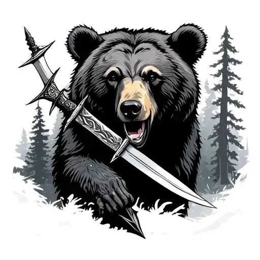 Night Elevation With Daggers In The Forest In The Background A Bear