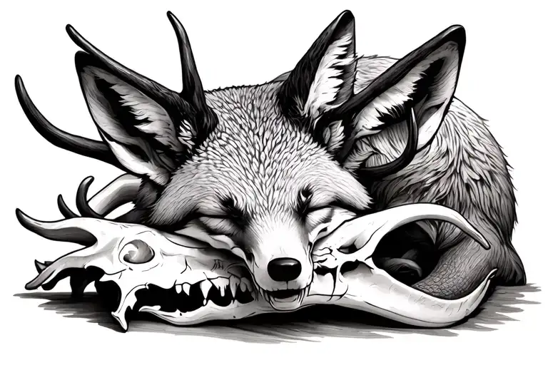 Fox Sleeping On Deer Skull
