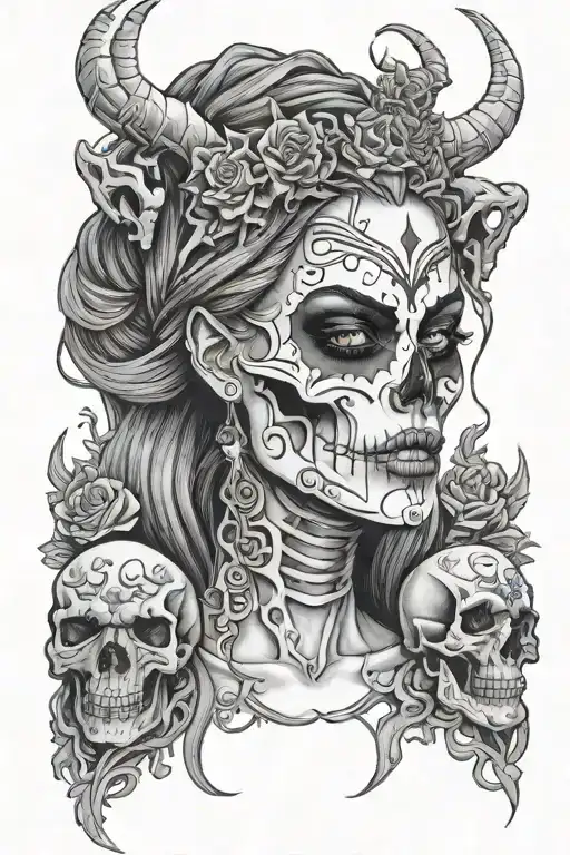 Demon Woman With Black Eyes In A Skull Jaw With Christian Crosses
