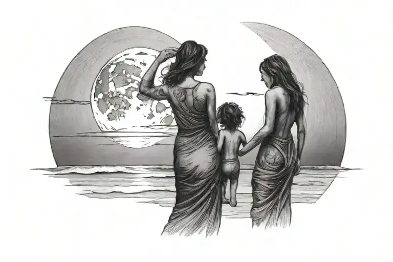 Woman And Child Standing On A Beach Silhouetted By A Full Moon