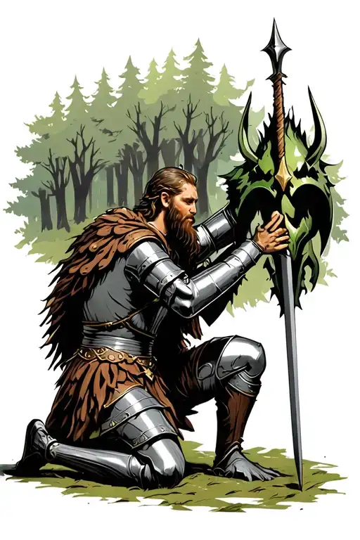 Sir Gawain Knight Kneeling Before The Green Knight With Forest Background