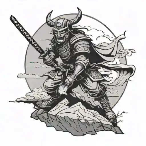 Samurai On A Cliff In The Moonlight Looking At Us With An Oni Mask