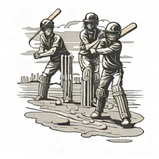 Black And White Outline Of Kids Playing Cricket On The Beach With Cricket Stumps