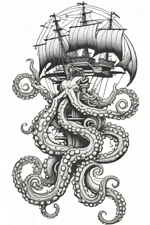 Ship Ocean Octopus Trident Aquarius Zodiac Sign