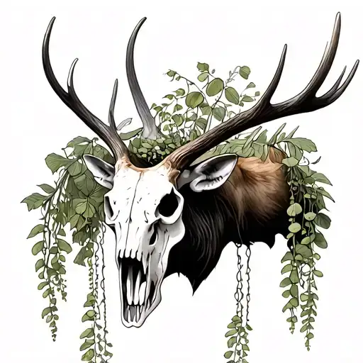 Elk Skull With Amaranthus Caudatus Hanging From The Antlers