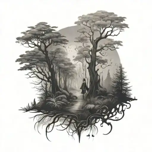 Magical Forest Scene With A Dreamy Girl Wandering Through