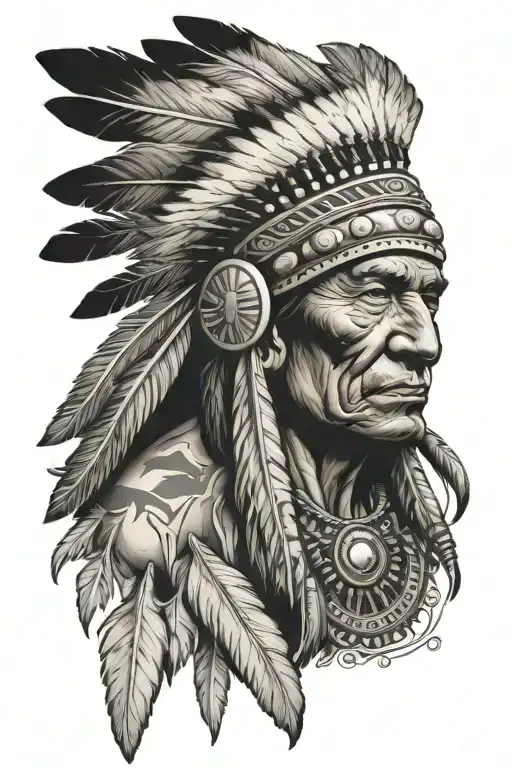 Indian Chief With River And Buffaloes