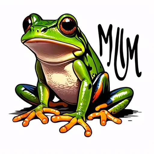 Cute Green Frog Sitting On The Word Mum Written