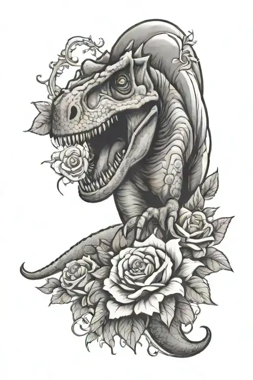 Dinosaur Framing Knee Cap With Flowers Growing