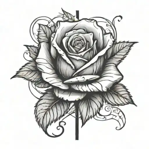 A Realistic Black And Grey Portrait Of A Rose Growing Through A Cross