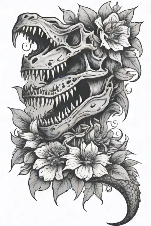 Dinosaur Jaw Around Knee Cap With Flowers