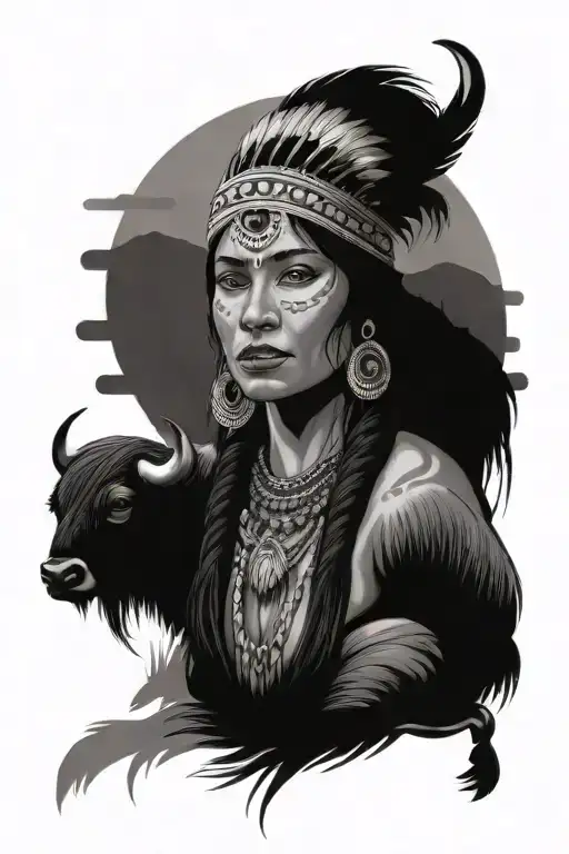 Feathered Indian Woman With A River And Buffaloes