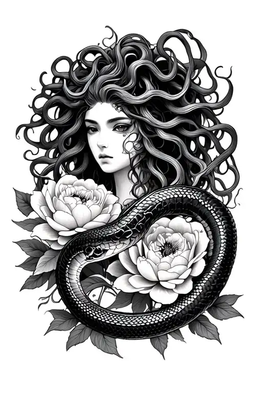 Medusa With Snake And Peony Tradi Japanese Style