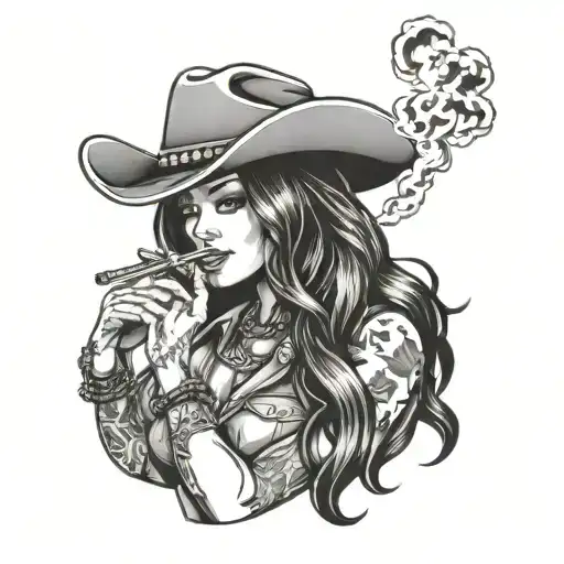 Cowgirl With Cowboy Hat And Tattoos Smoking Weed
