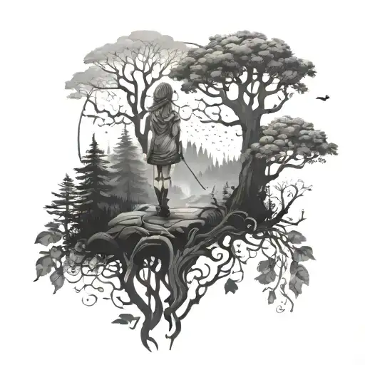 Magical Forest Scene With A Dreamy Girl Wandering Through