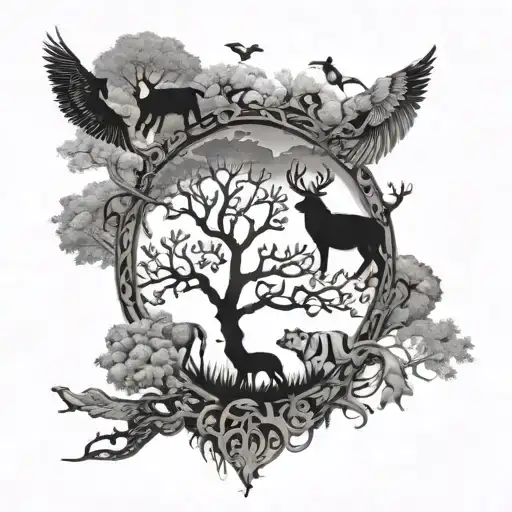 Misty Tree Of Life With North American Animals Boardering