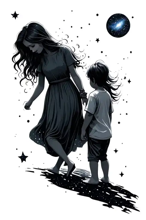 Mother And Son Walking In Galaxy Filled With Stars