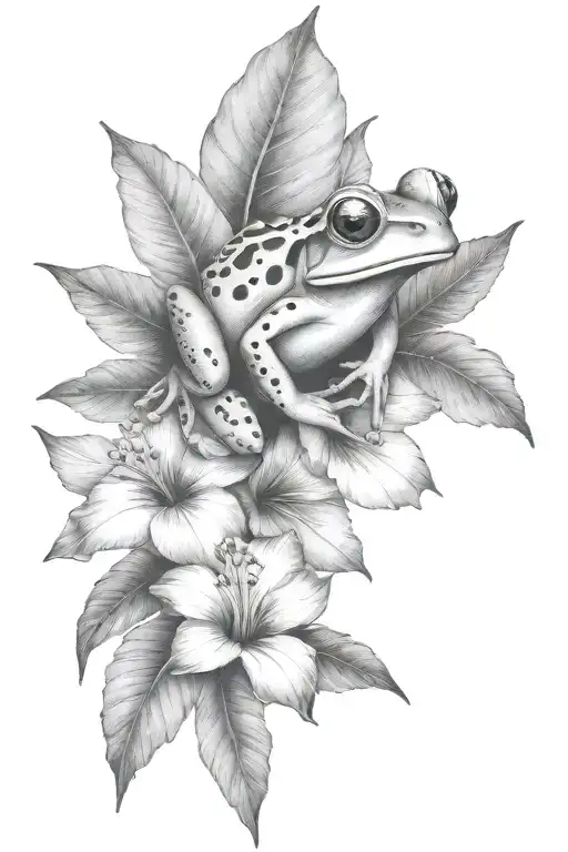 Frog And Tropical Leaves And Hibiscus