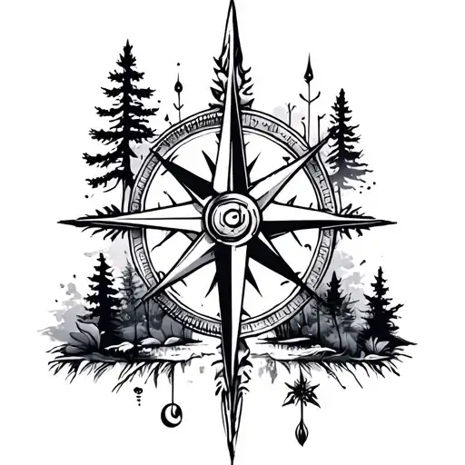 Cross With Compass And Nature Elements Like Trees