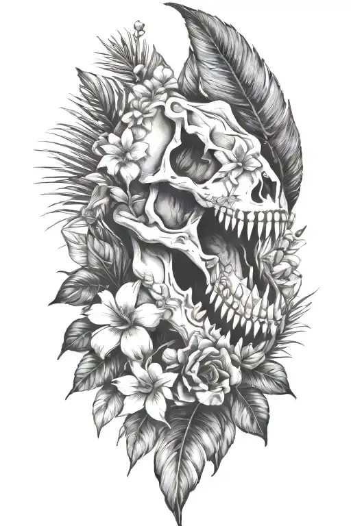 Tropical Leaves With Flowers An T Rex Skull