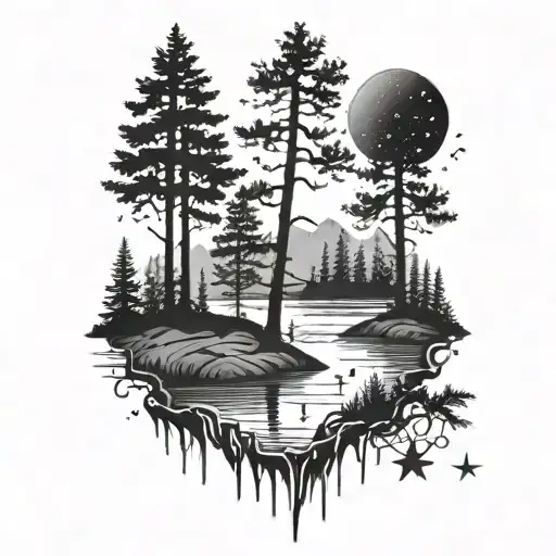 Forest With Lake And Stars In Sky