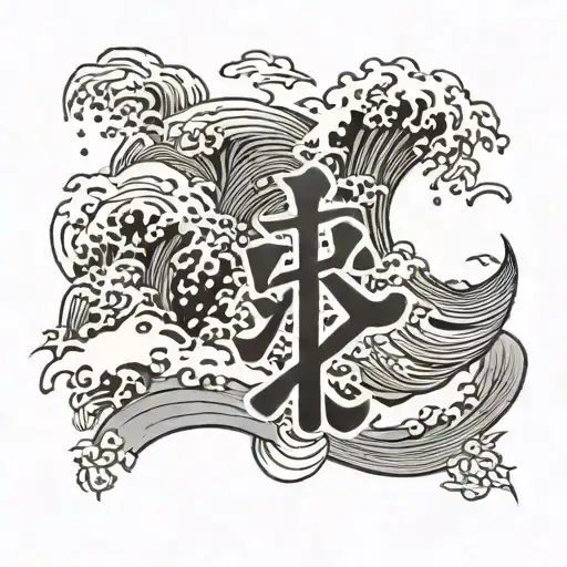 A Black-grey Tattoo Of A Japanese Kanji Symbol For Interpreter With Waves Crashing On A Beach