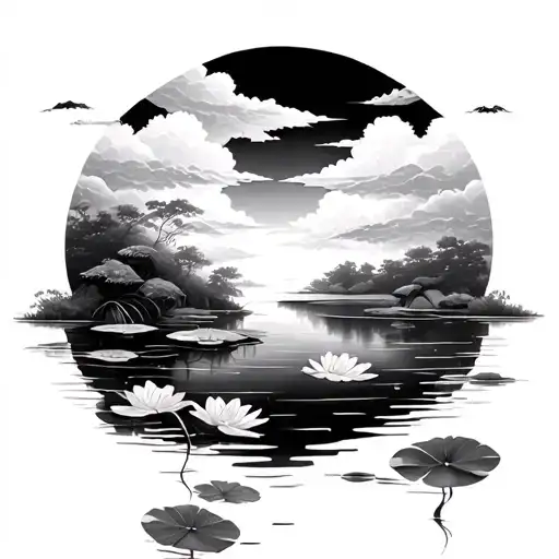 Chinese Pond With Lilly Pads And Clouds