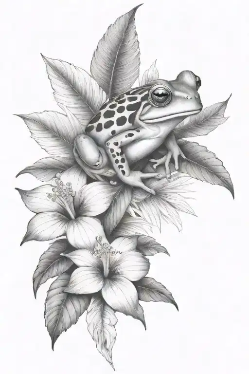 Frog And Tropical Leaves And Hibiscus