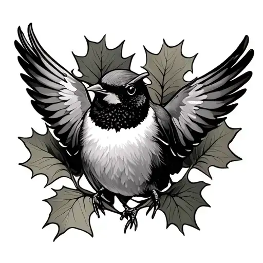 Robin Flying Surround By Oak Leaves