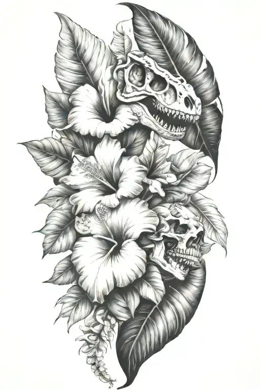 Tropical Leaves And Hibiscus With T Rex Skull