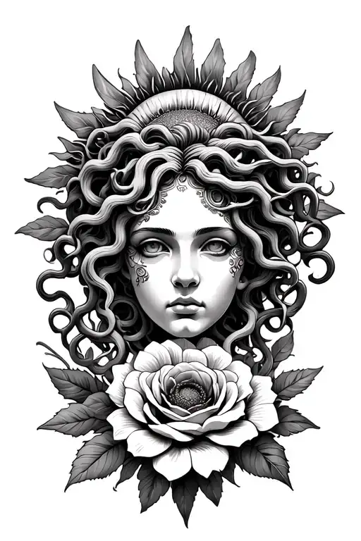 Medusa Head Surrounded By Sun Flowers And Roses