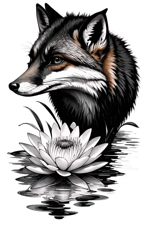 Iris And Water Lilly Flower And Fox Thin Line Drawing