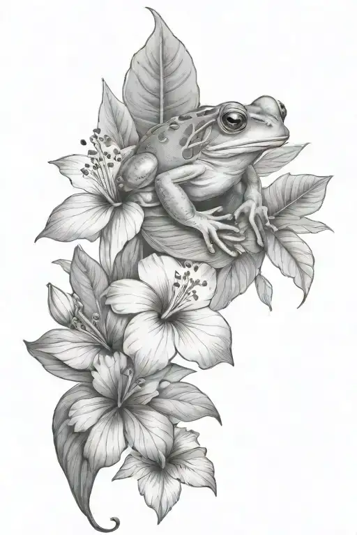 Small Frog And Tropical Leaves And Hibiscus