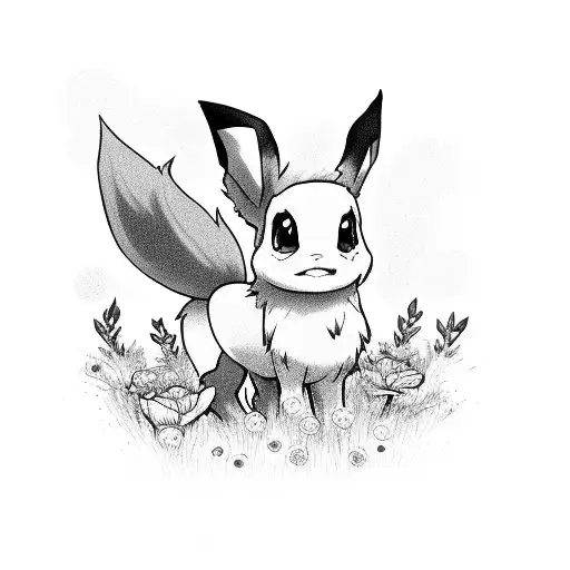 Eevee With Flowers In Background Black And White