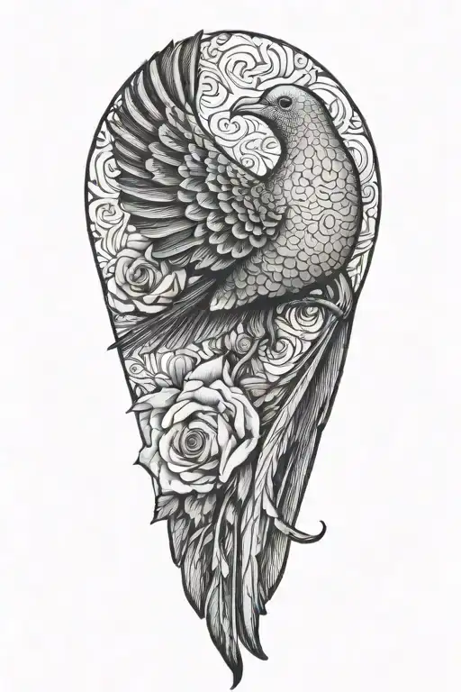 Zentangle Dove Wings Folded Perched Atop Roses