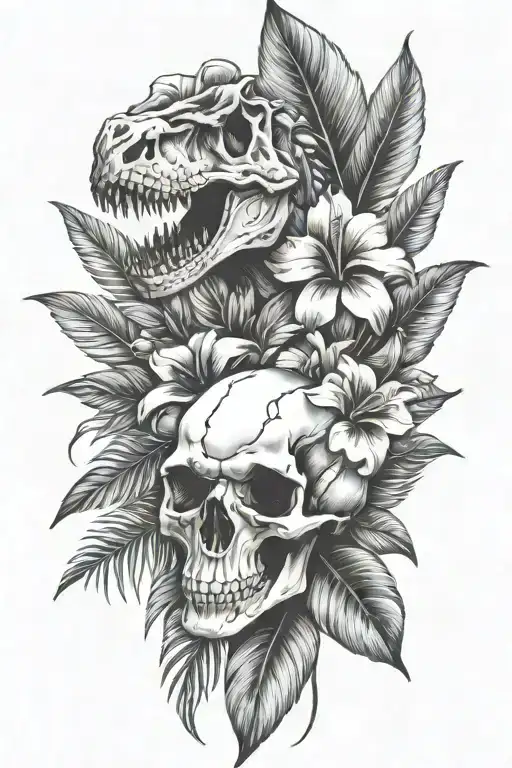 Tropical Leaves With Hibiscus An T Rex Skull