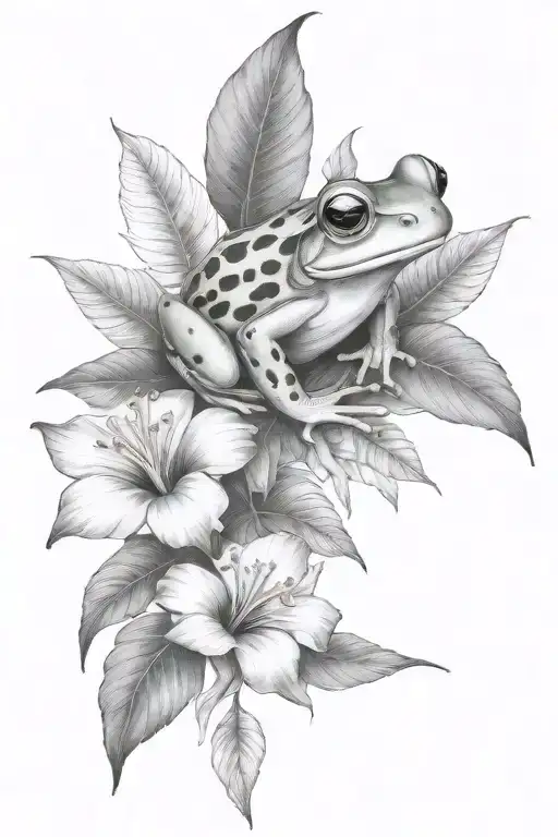 Frog And Tropical Leaves And Hibiscus