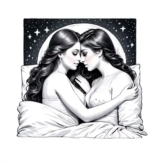 Cuddling A Beautiful Woman In Bed Surrounded By Stars