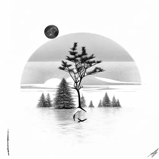Fir Tree With Birds And Moon