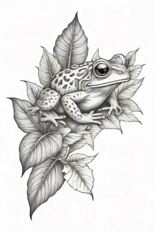 Small Frog And Tropical Leaves And Hibiscus